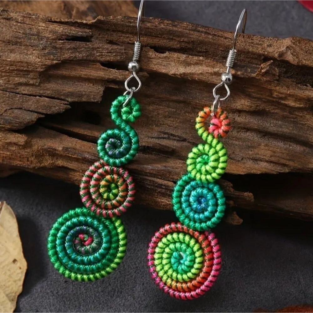 Neon ombre color threaded swirl earrings spiral design string jewelry
